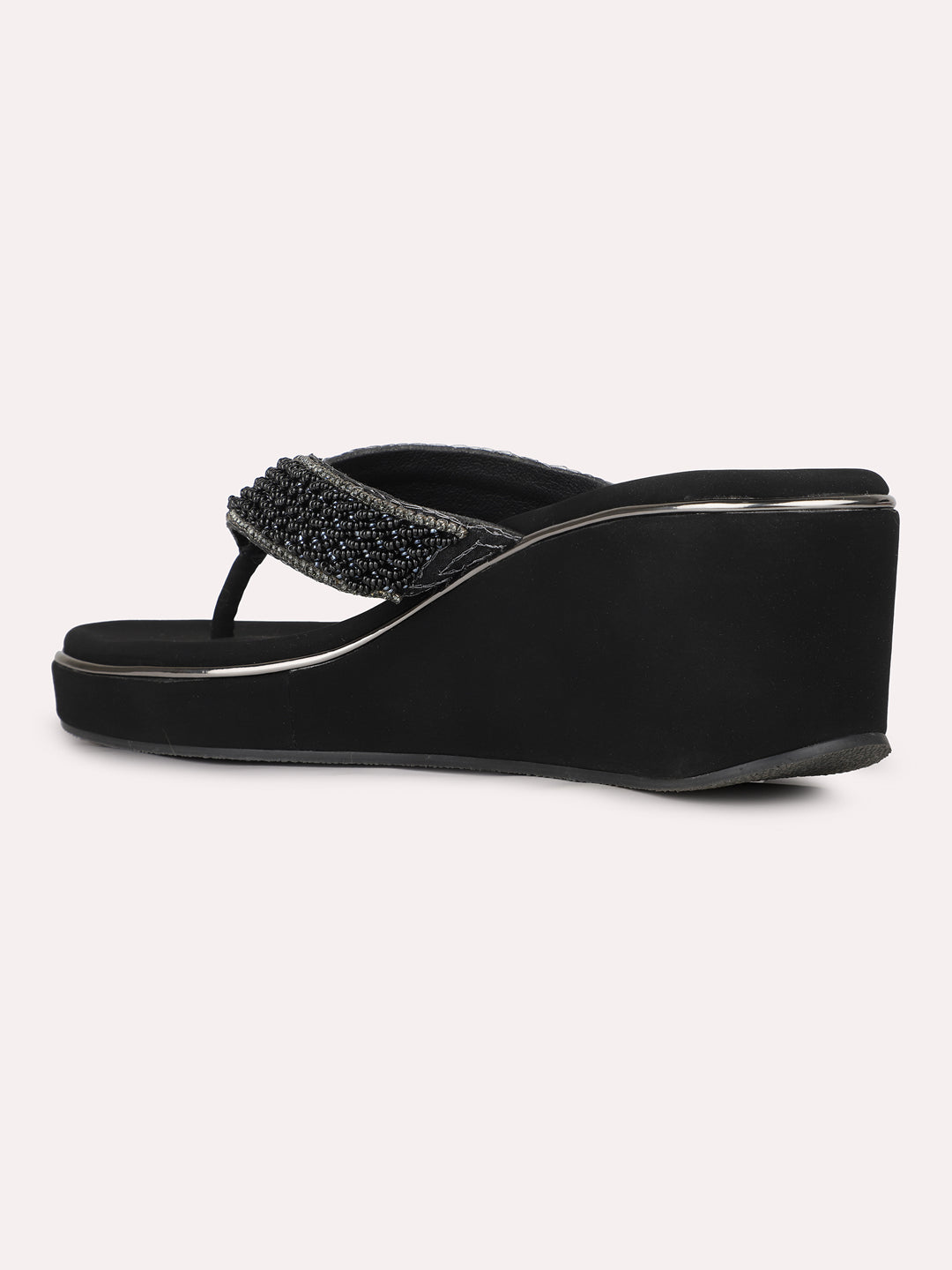 Women Black Party Wear Embellished Round Toe Wedge Heels