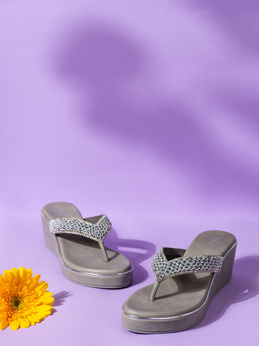 Womens Silver Party Wear Embellished Round Toe Wedge Heels