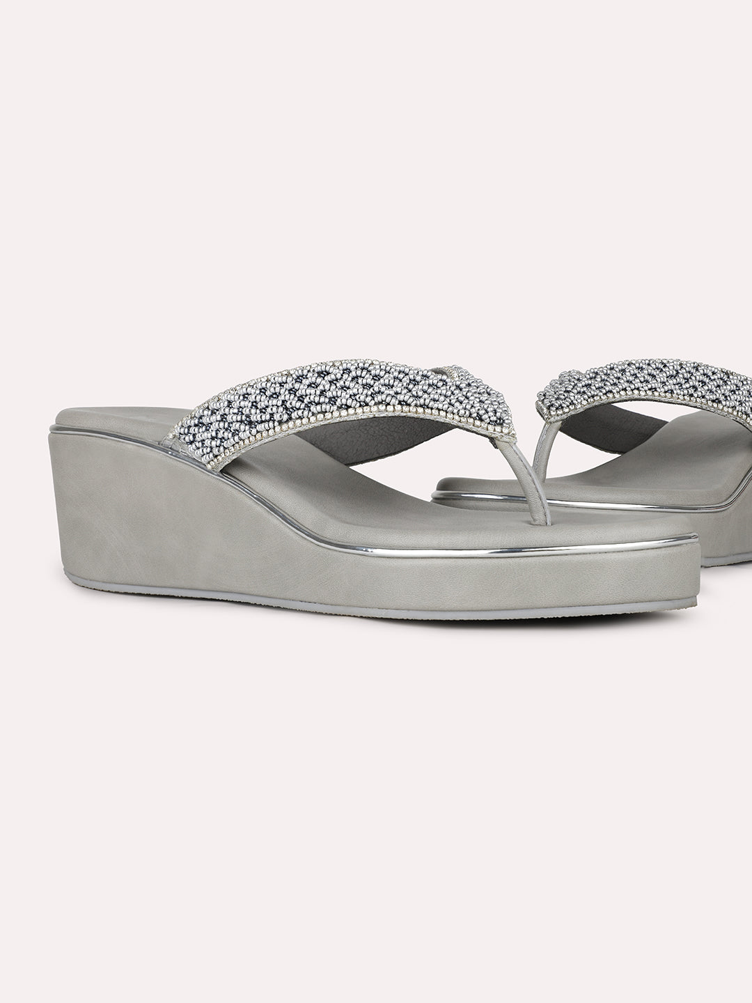 Womens Silver Party Wear Embellished Round Toe Wedge Heel Sandals