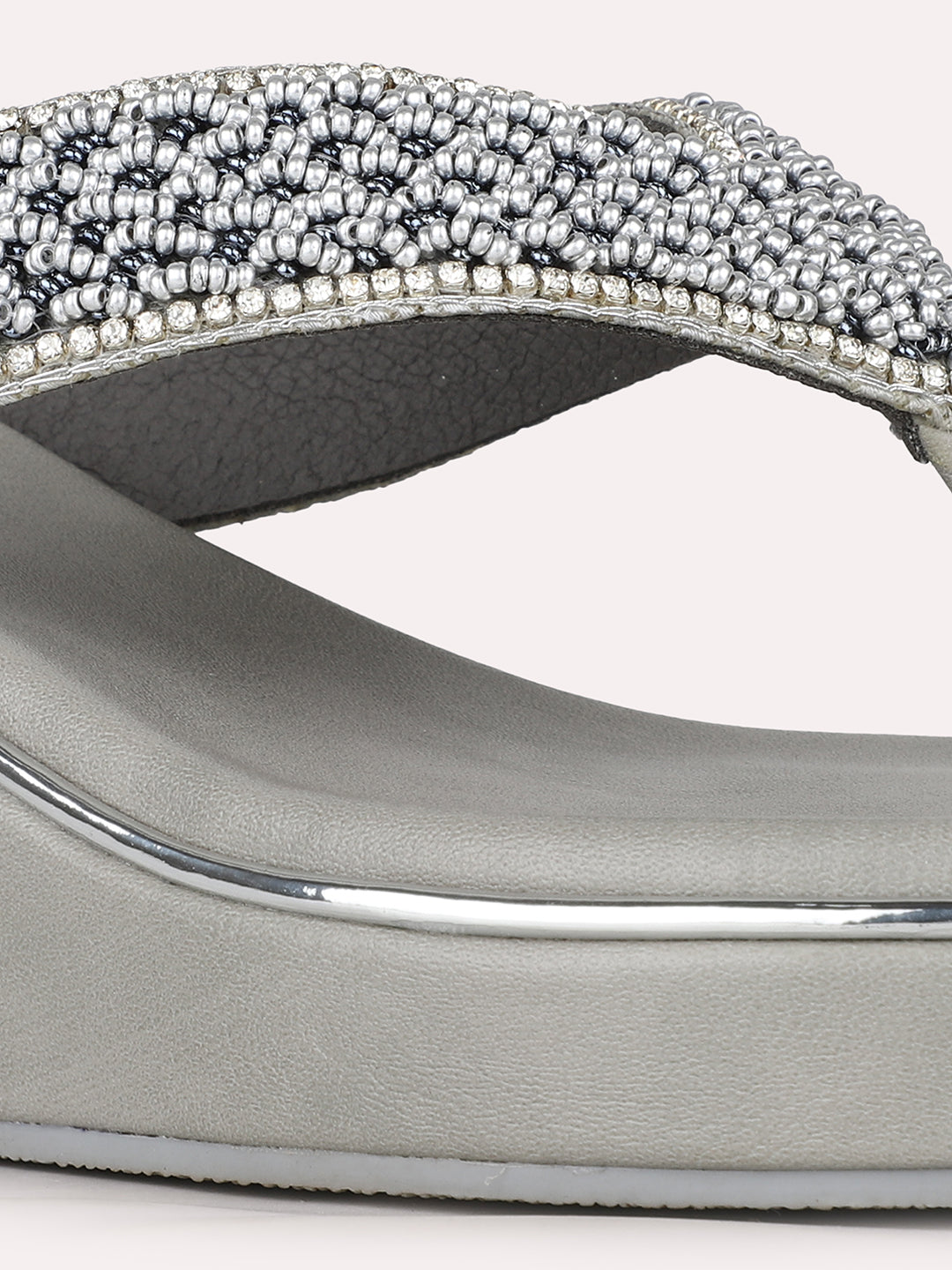 Womens Silver Party Wear Embellished Round Toe Wedge Heel Sandals