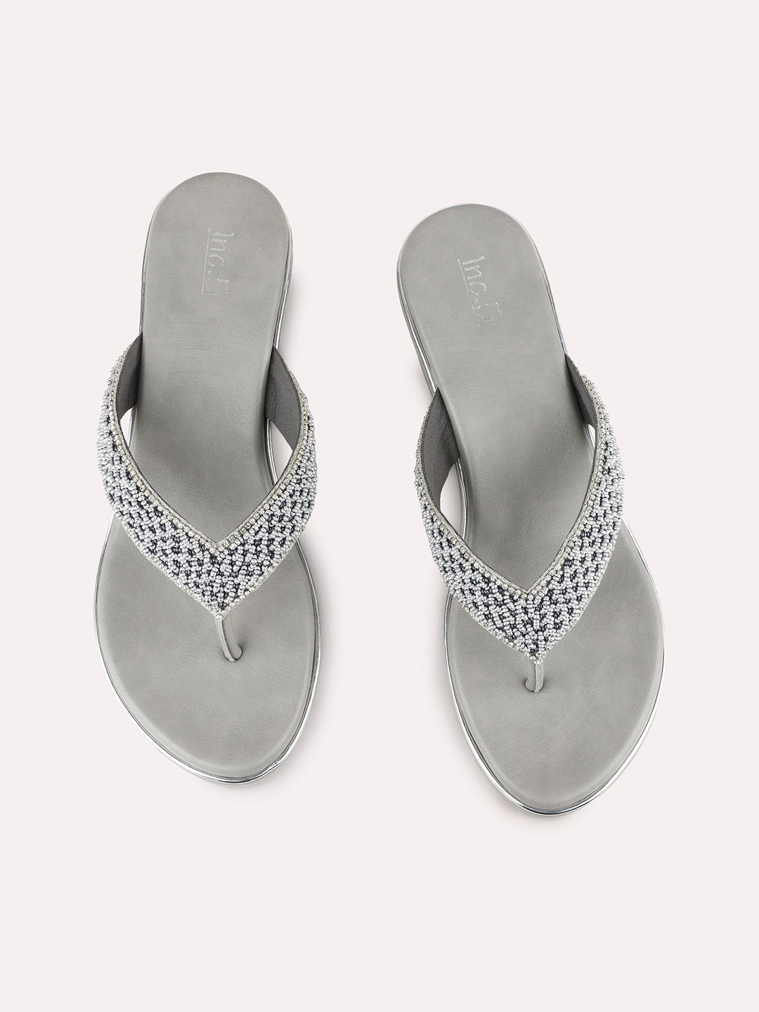 Womens Silver Party Wear Embellished Round Toe Wedge Heel Sandals