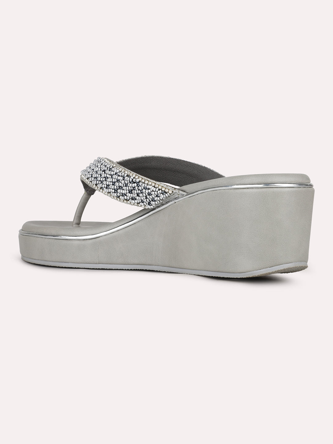 Womens Silver Party Wear Embellished Round Toe Wedge Heel Sandals