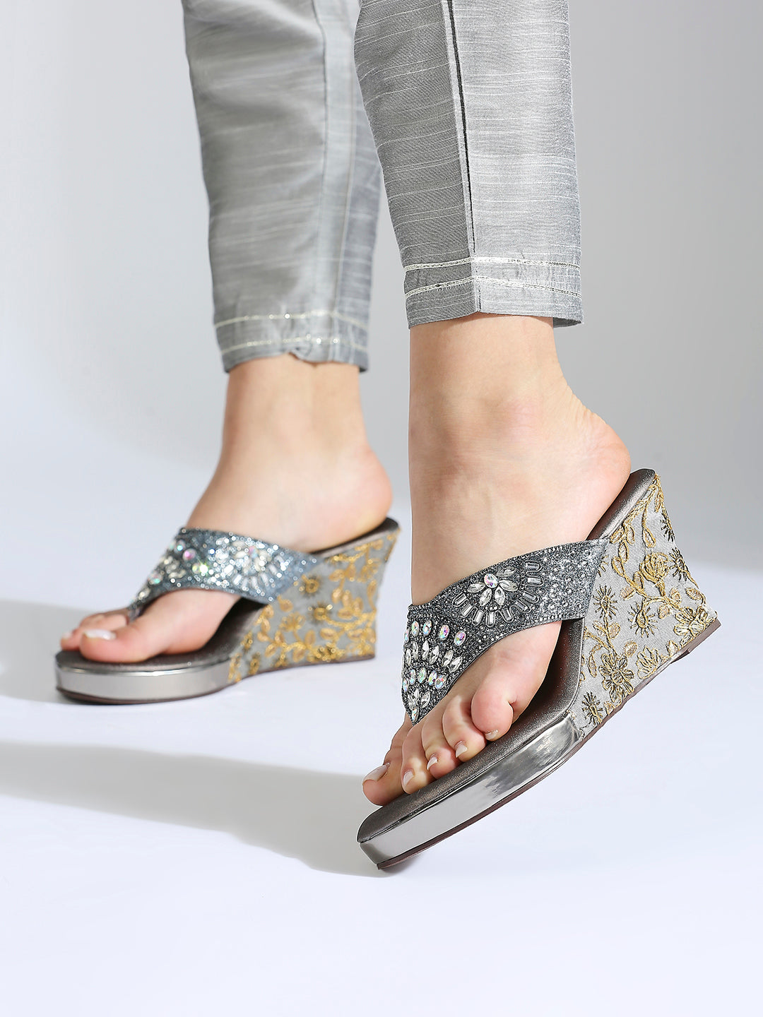 Women Gun Metal Embellished Ethnic Wedge Sandals