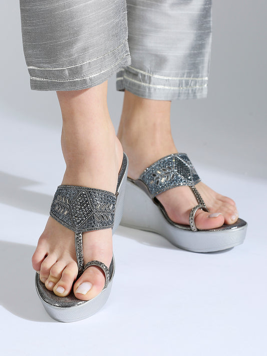 Women Gun Metal Toned Party Wedge Sandals