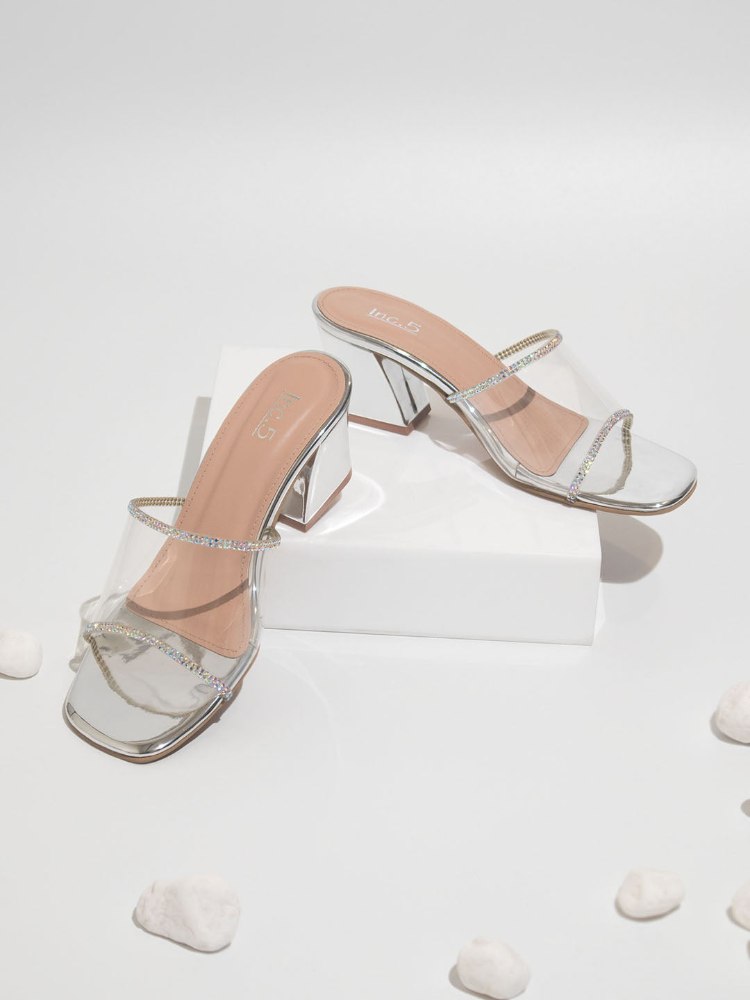 Women Silver Transparent Embellished Block Mules