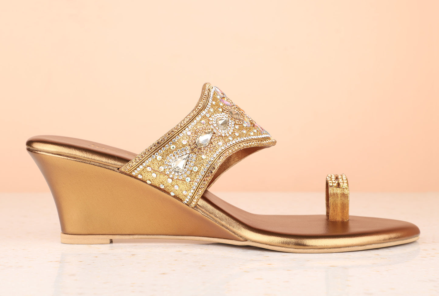 Women Ant Gold Embellished One Toe Wedges