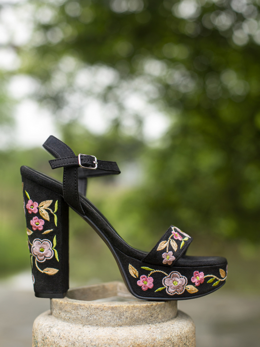 Women Black Embellished Platform Heels