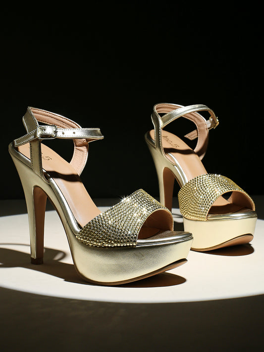 Women Gold Textured Stiletto Sandals