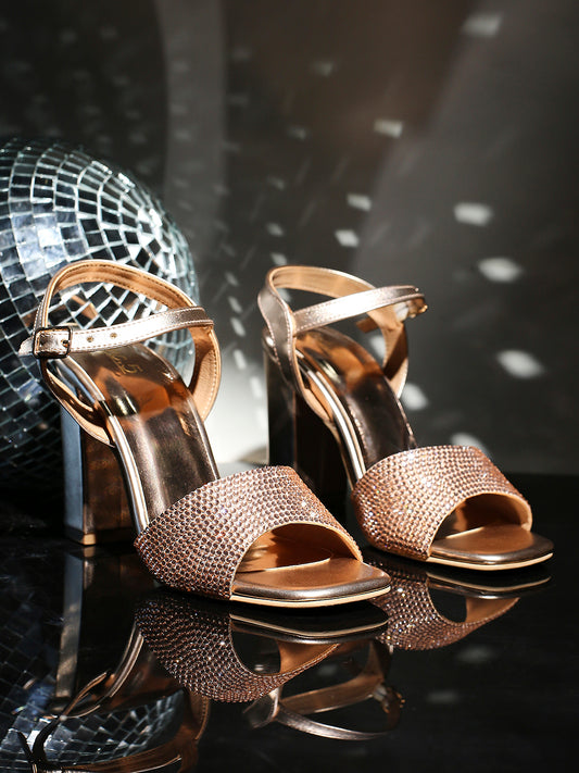 Women Rose Gold Textured Party Block Heels