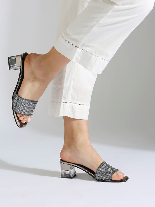 Women Pewter Embellished Block Heels