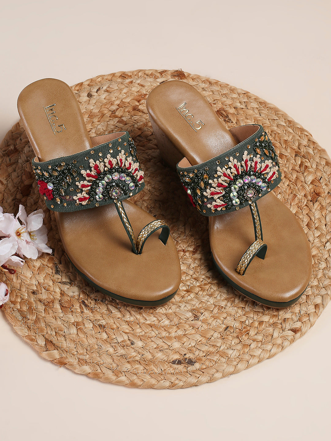 Women Green Ethnic Embellished One Toe Wedges