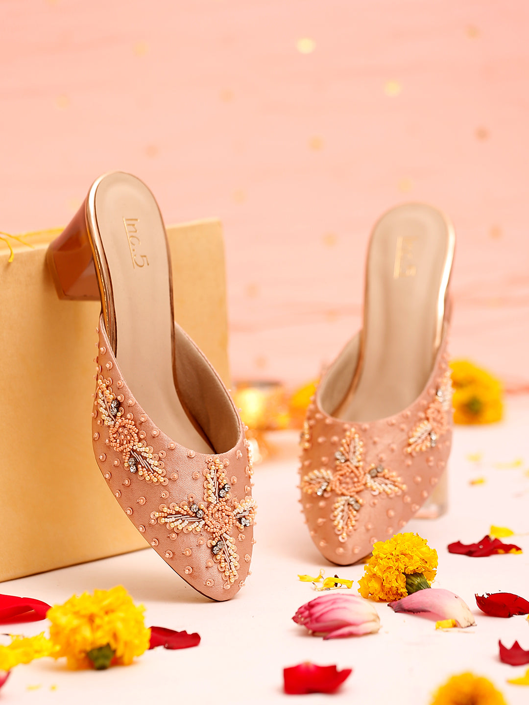 Women Rose Gold Ethnic Block Mules