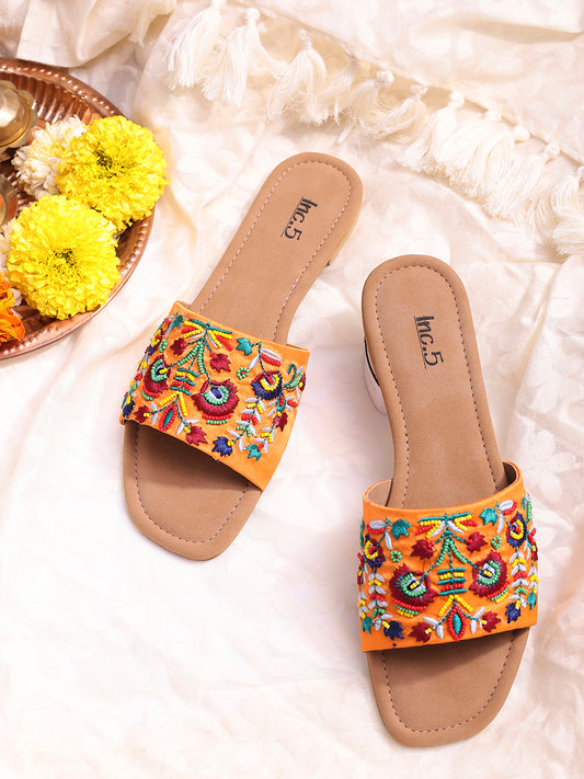 Women Orange Embellished Open Toe Flats