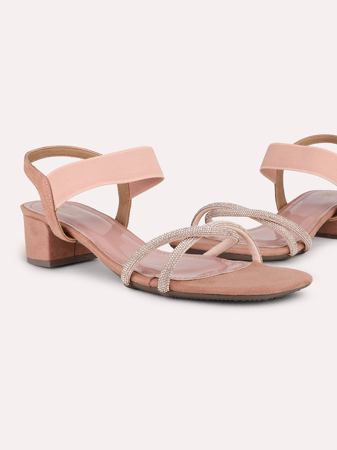 Womens Peach Party Wear Solid Square Toe Block Heel Sandals