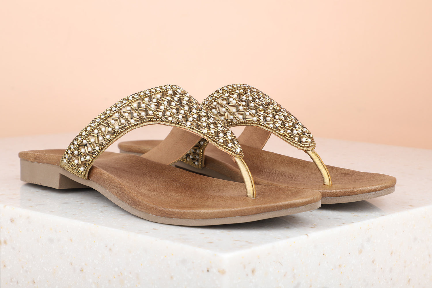 Women Antique Embellished Party Open Toe Flats