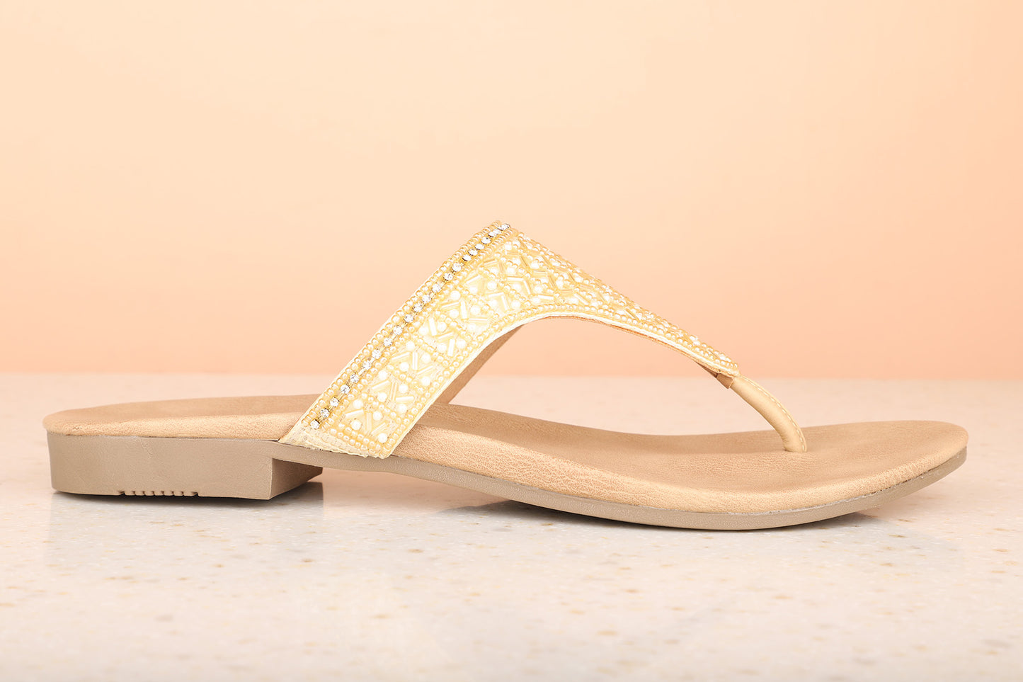 Women Gold Embellished Party Open Toe Flats