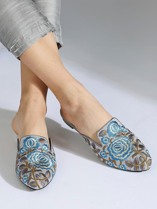 Women Grey Embroidered Ethnic Mules