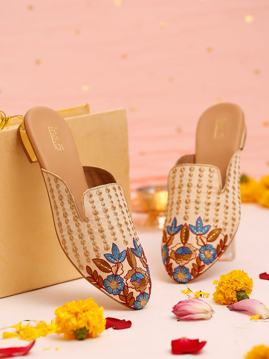 Women Gold Embroidered Ethnic Mules