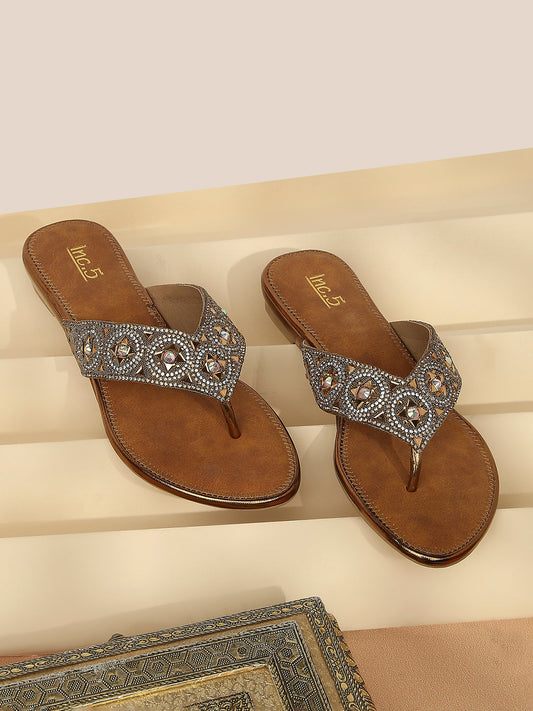 Women Antique Ethnic Embellished Open Toe Flats