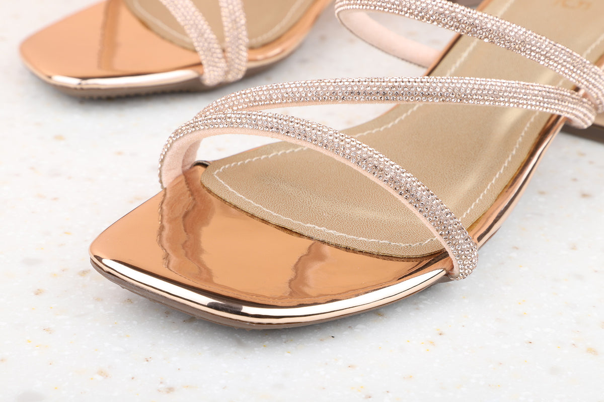Women Rose Gold Embellished Party Block Sandals