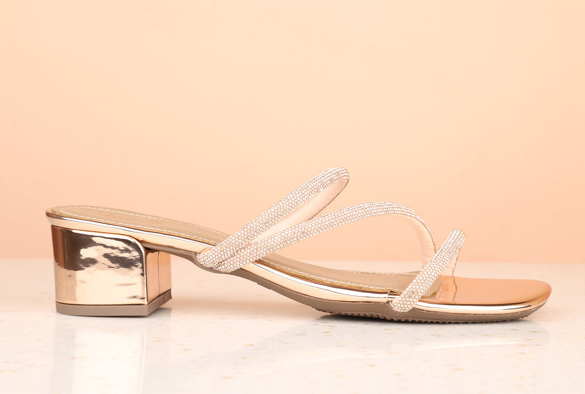 Women Rose Gold Embellished Party Block Sandals