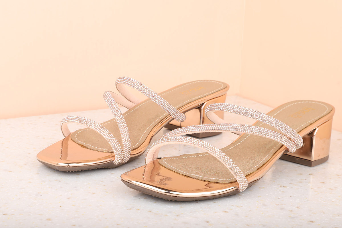 Women Rose Gold Embellished Party Block Sandals