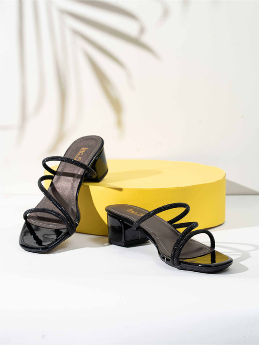 Women Black Embellished Party Block Sandals