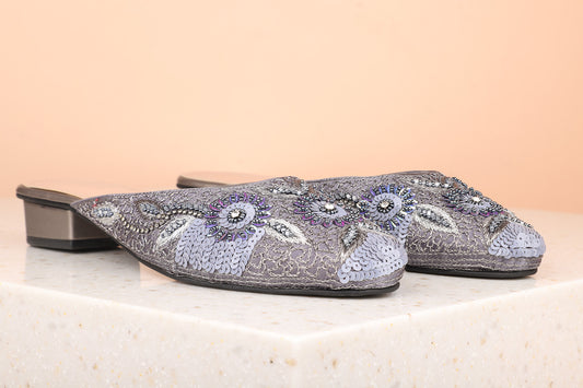 Women Pewter Ethnic Embellished Block Mules