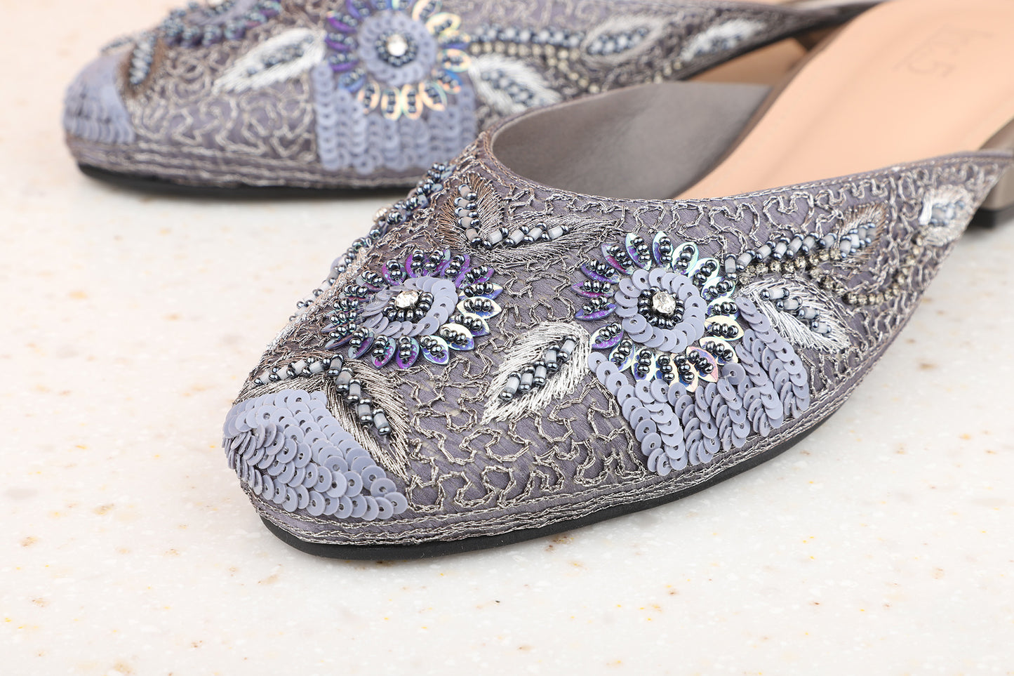 Women Pewter Ethnic Embellished Block Mules