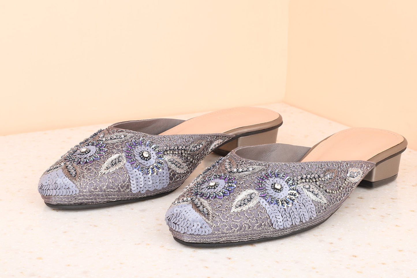 Women Pewter Ethnic Embellished Block Mules