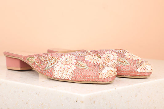 Women Rose Gold Ethnic Embellished Block Mules