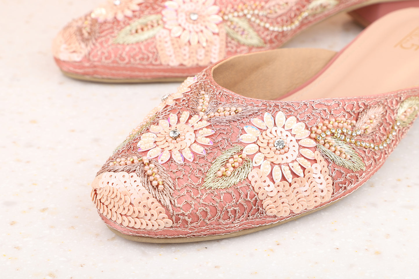 Women Rose Gold Ethnic Embellished Block Mules