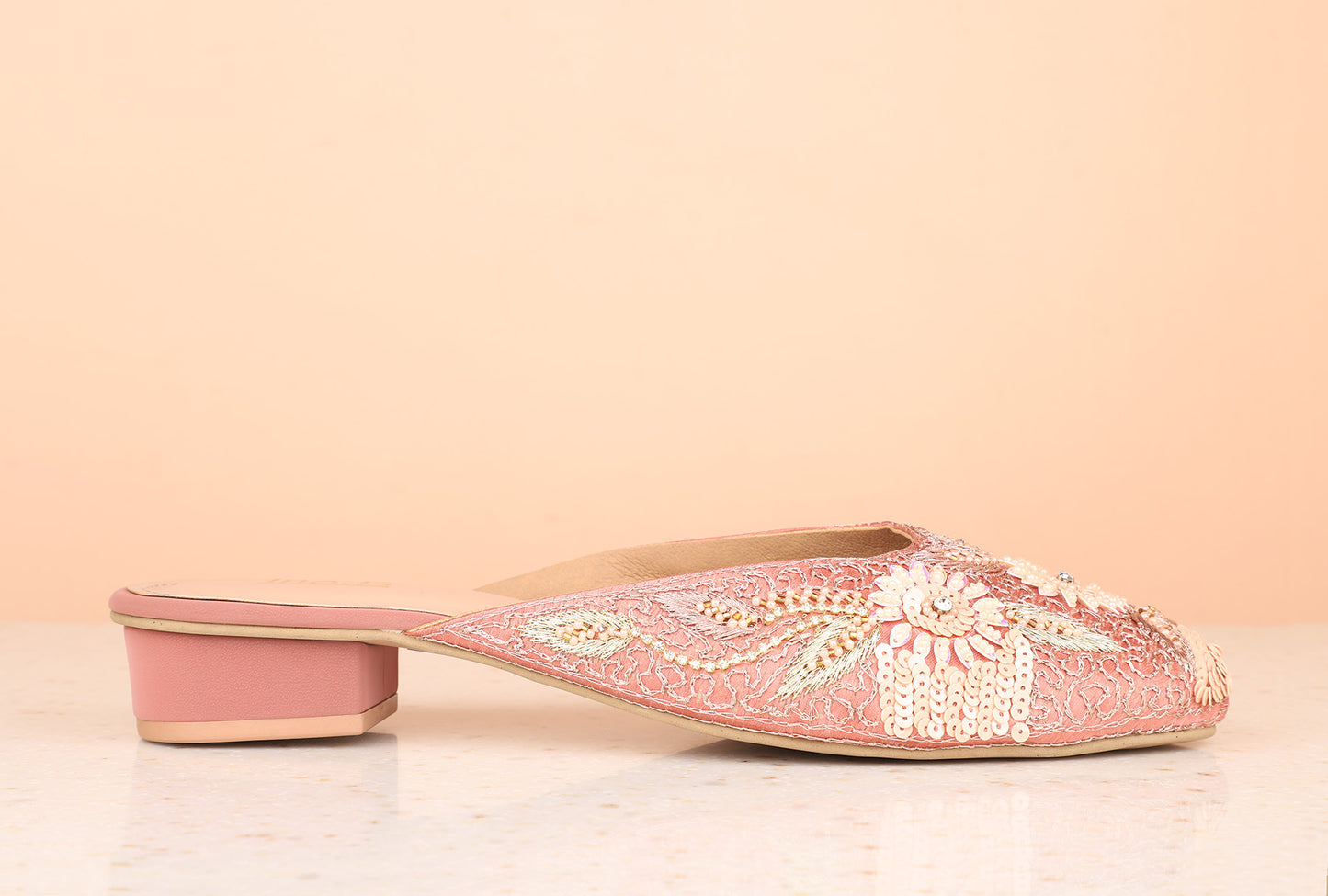 Women Rose Gold Ethnic Embellished Block Mules