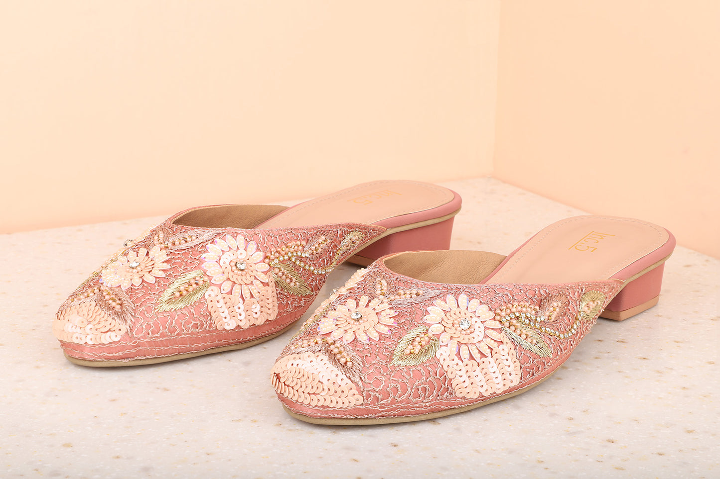 Women Rose Gold Ethnic Embellished Block Mules