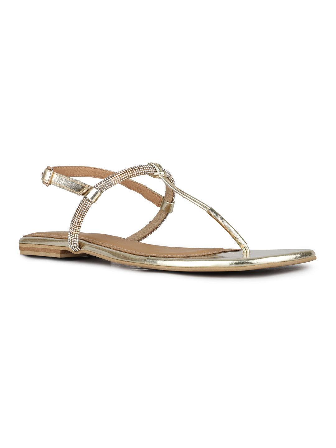 Womens Golden Casual Solid T-Strap Flat Sandals