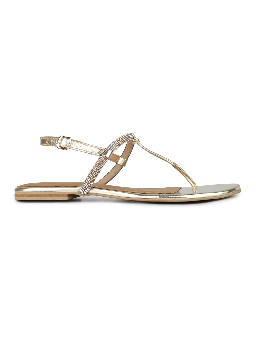 Womens Golden Casual Solid T-Strap Flat Sandals
