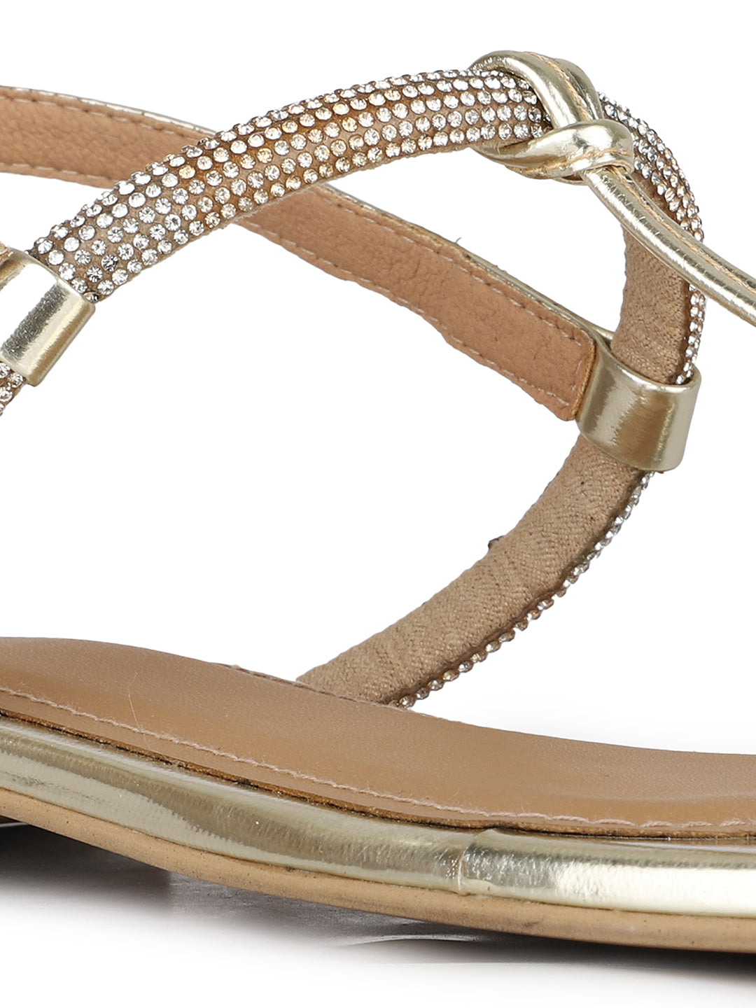 Womens Golden Casual Solid T-Strap Flat Sandals