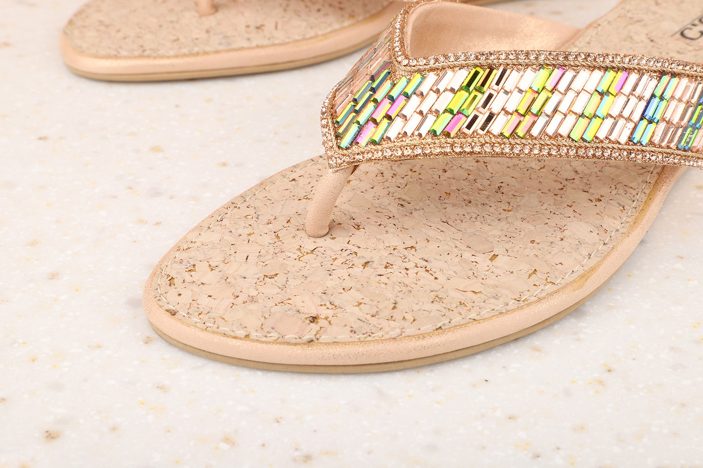 Women Rose Gold Embellished Open Toe Flats