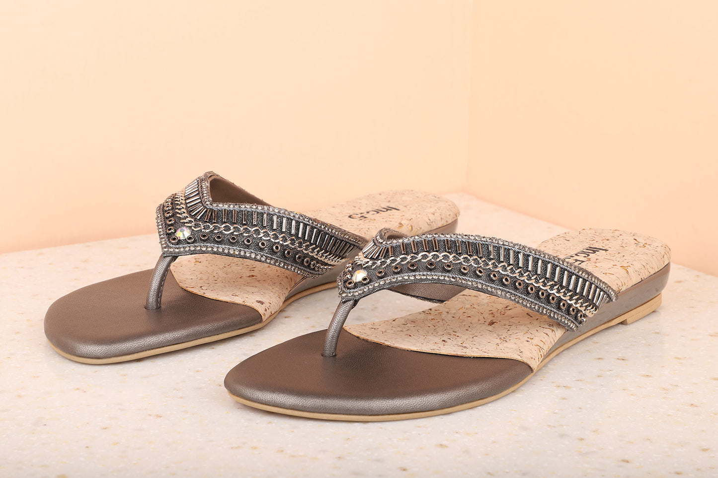 Women Pewter Embellished Open Toe Flats