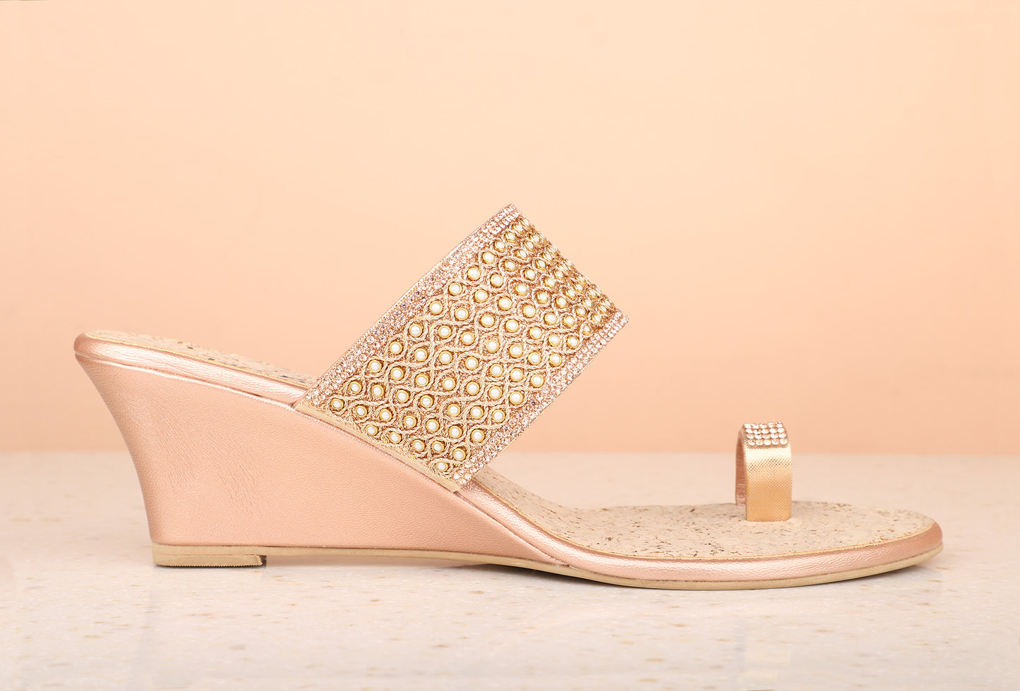 Women Rose Gold Embellished One Toe Wedges