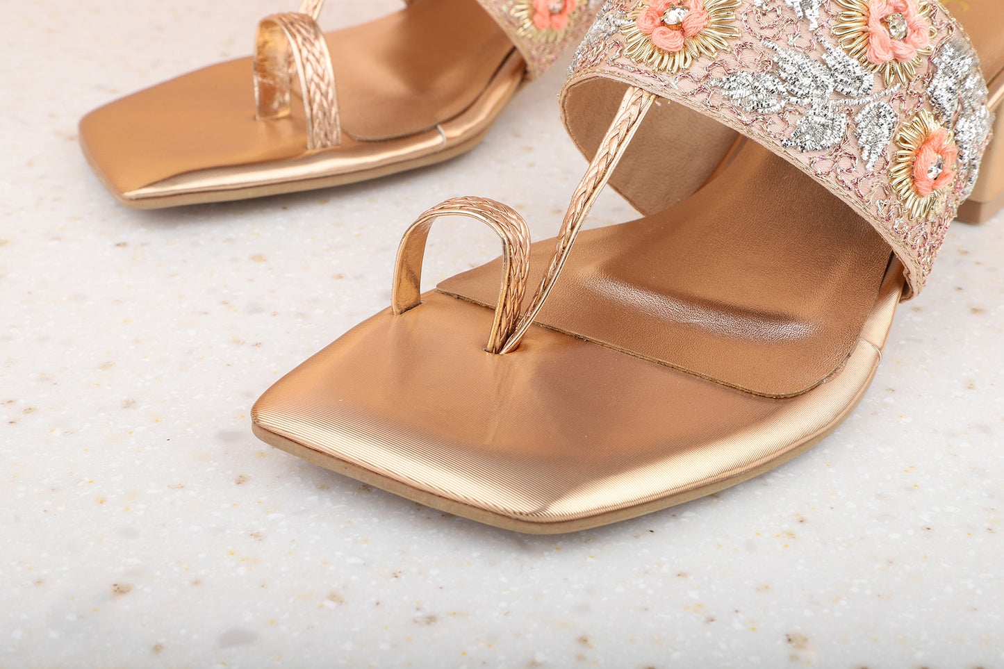 Women Rose Gold Embellished One-Toe Block Heels