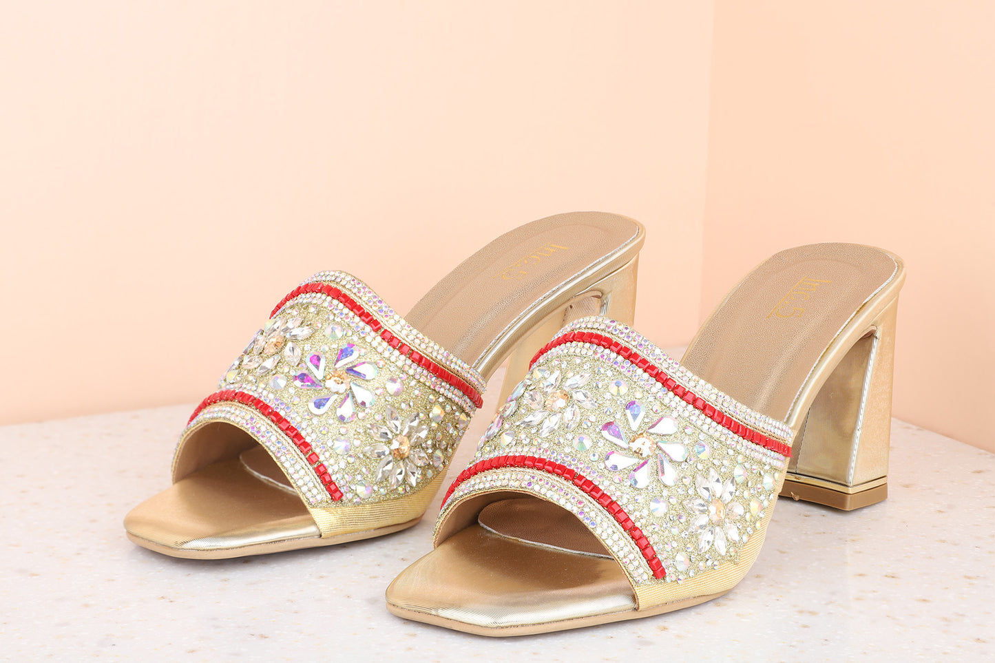 Women Gold Ethnic Embellished Block Heels
