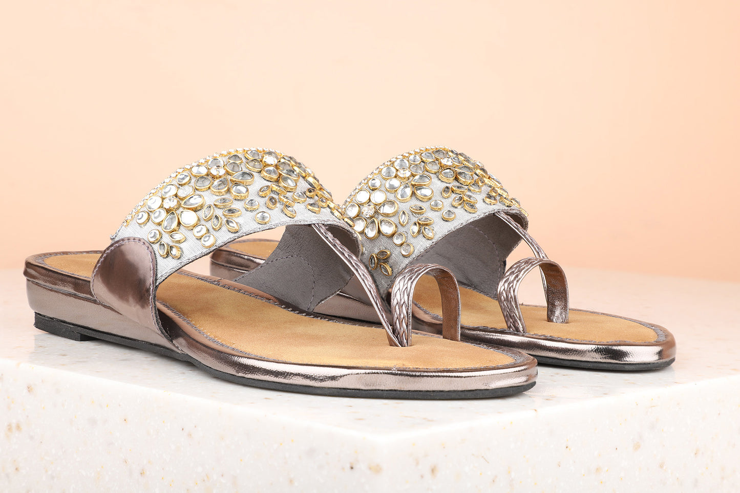 Women Pewter Embellished One Toe Wedges