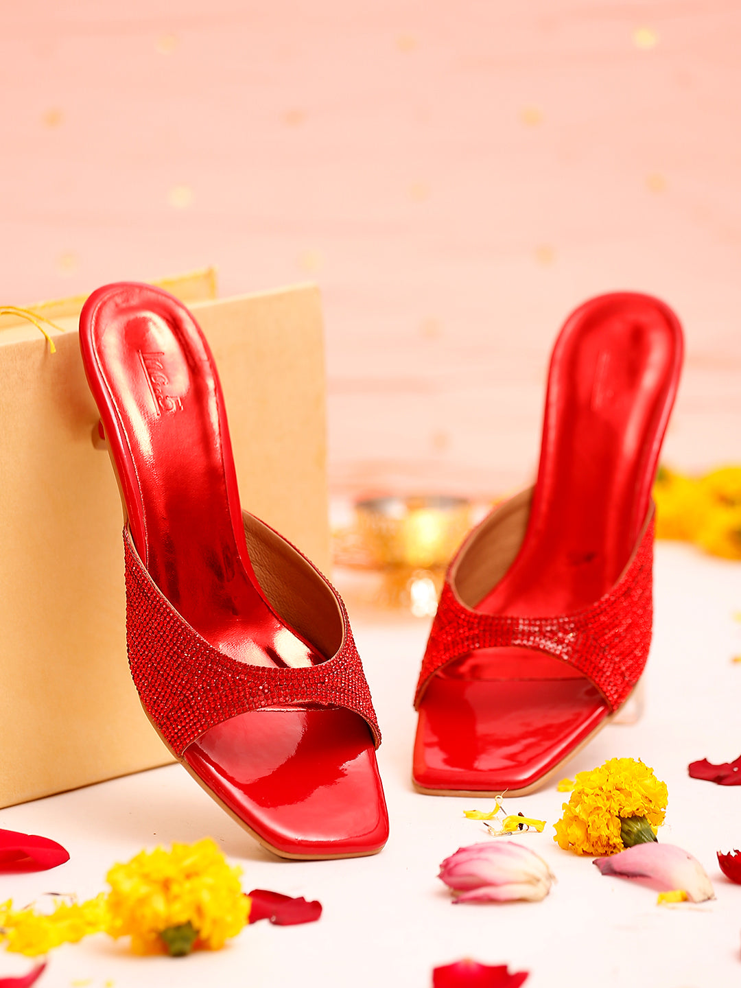 Women Red Embellished Kitten Heels