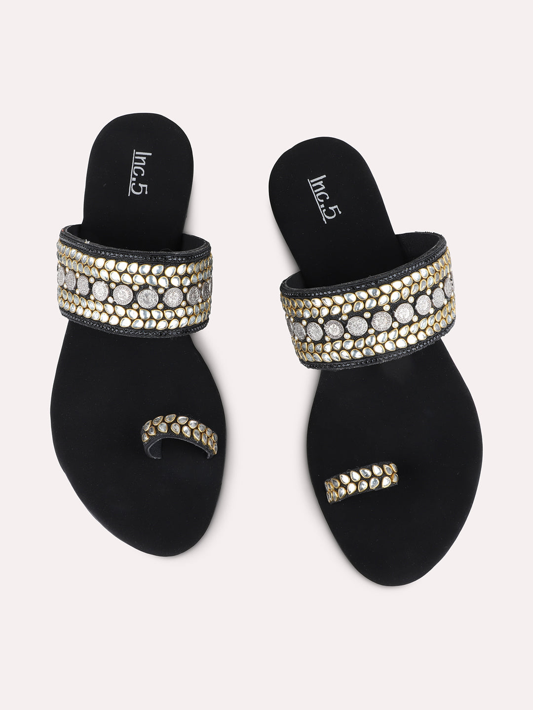 Womens Black Ethnic Embellished One Toe Flat Slip-On Sandals