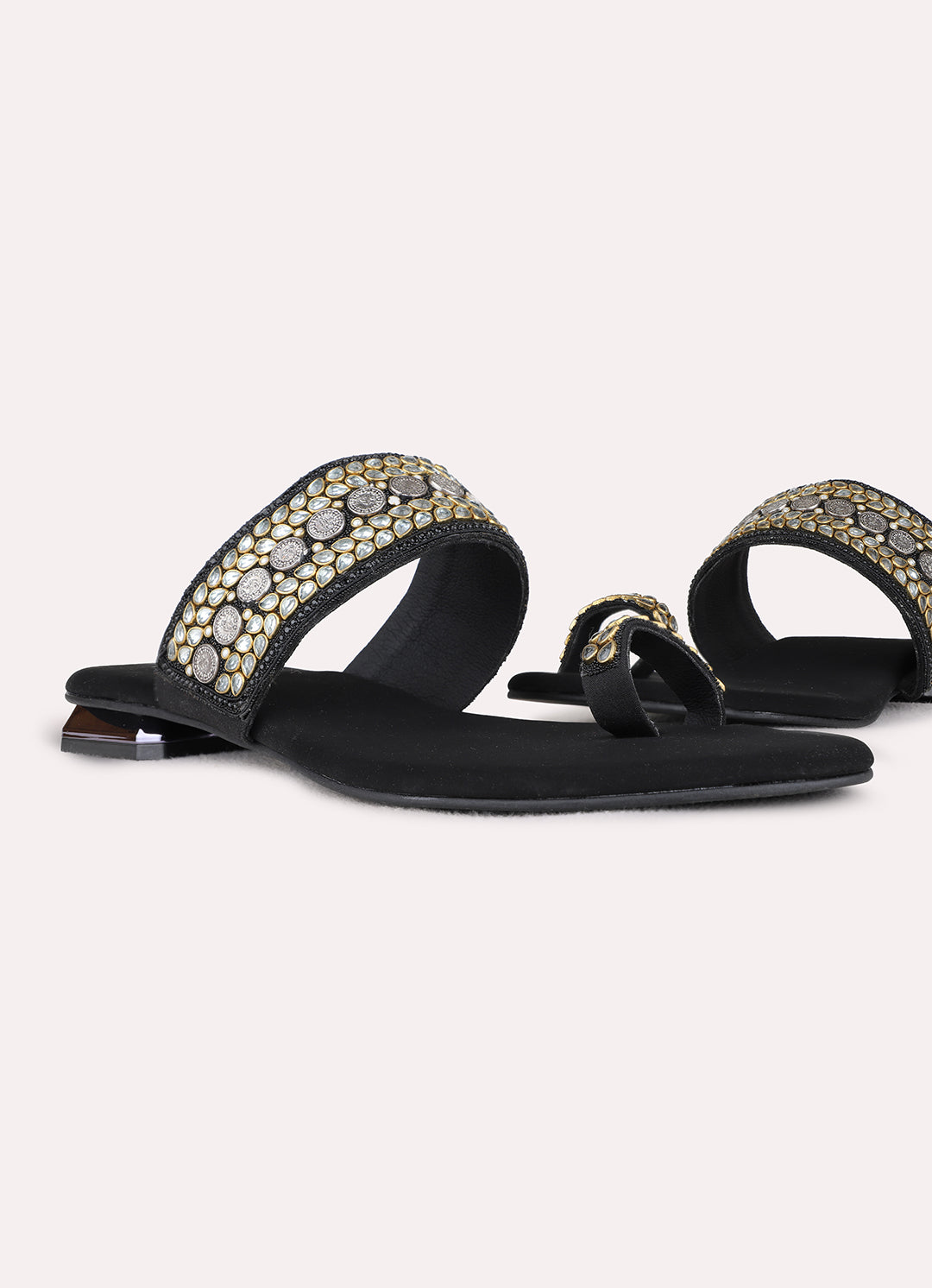 Womens Black Ethnic Embellished One Toe Flats