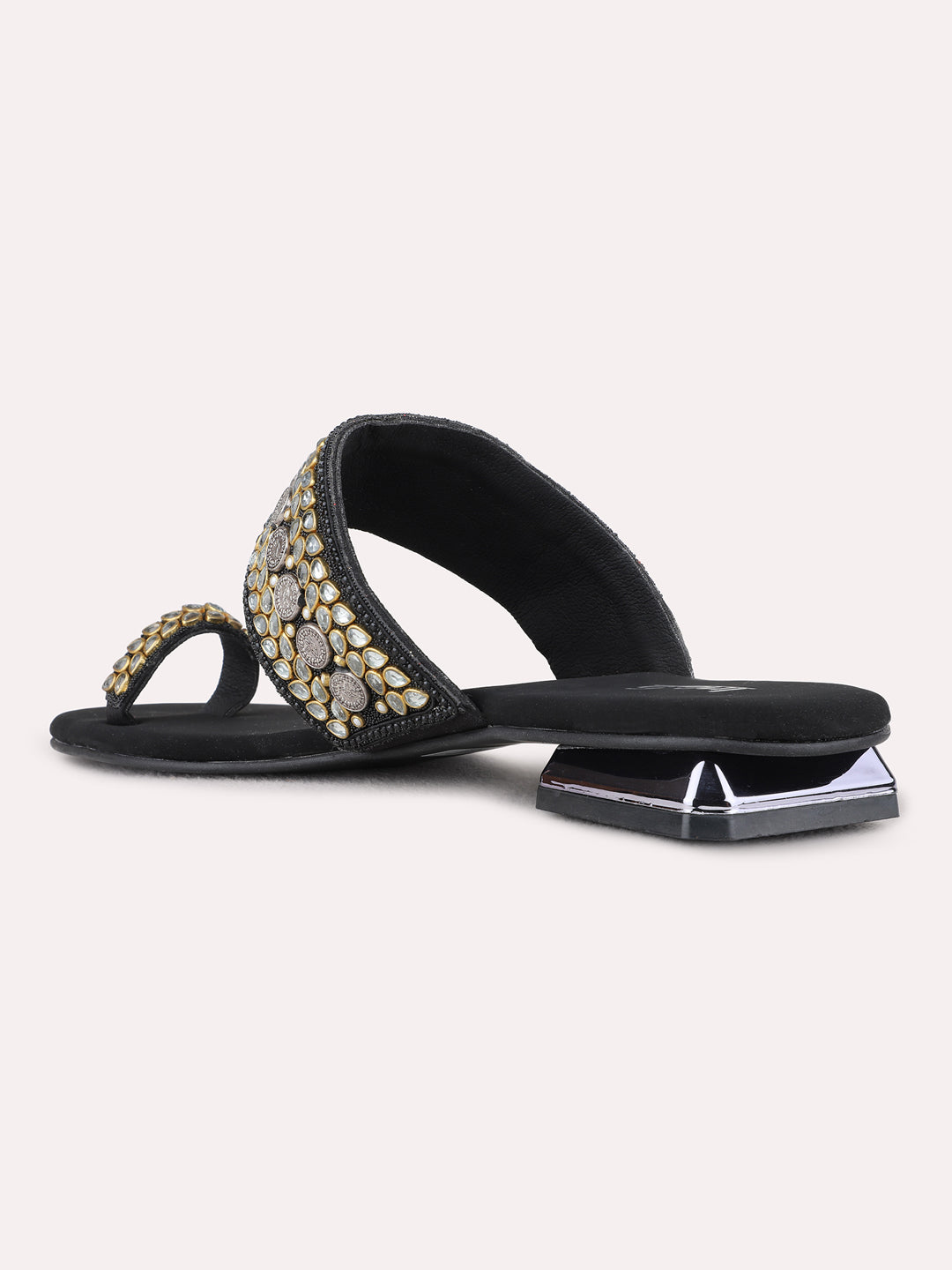 Womens Black Ethnic Embellished One Toe Flats