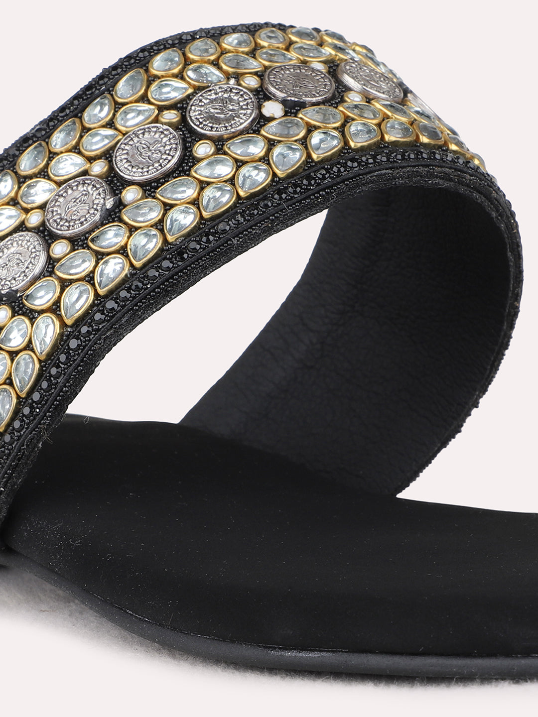 Womens Black Ethnic Embellished One Toe Flats