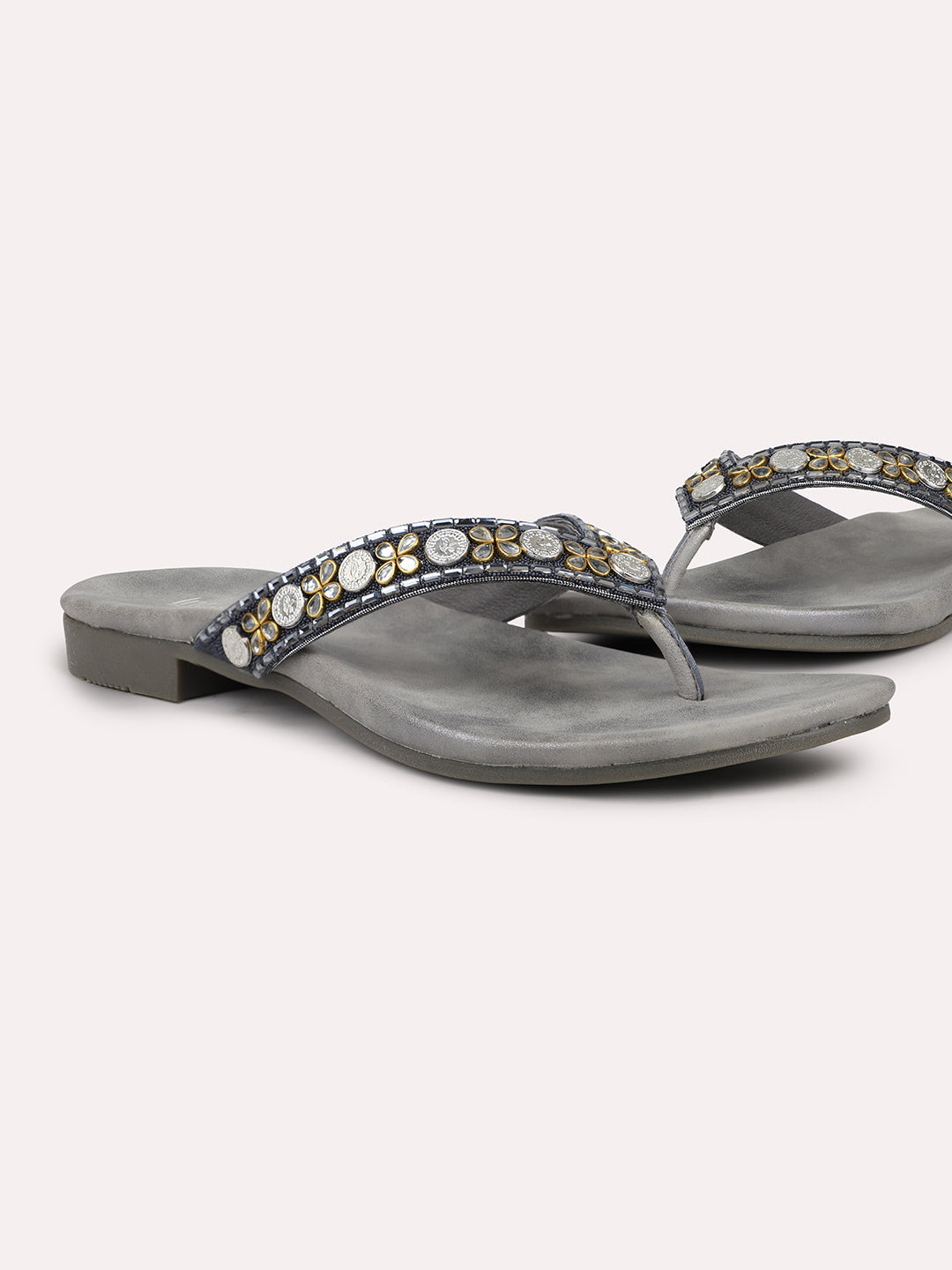 Women Pewter Embellished Open Toe Flats