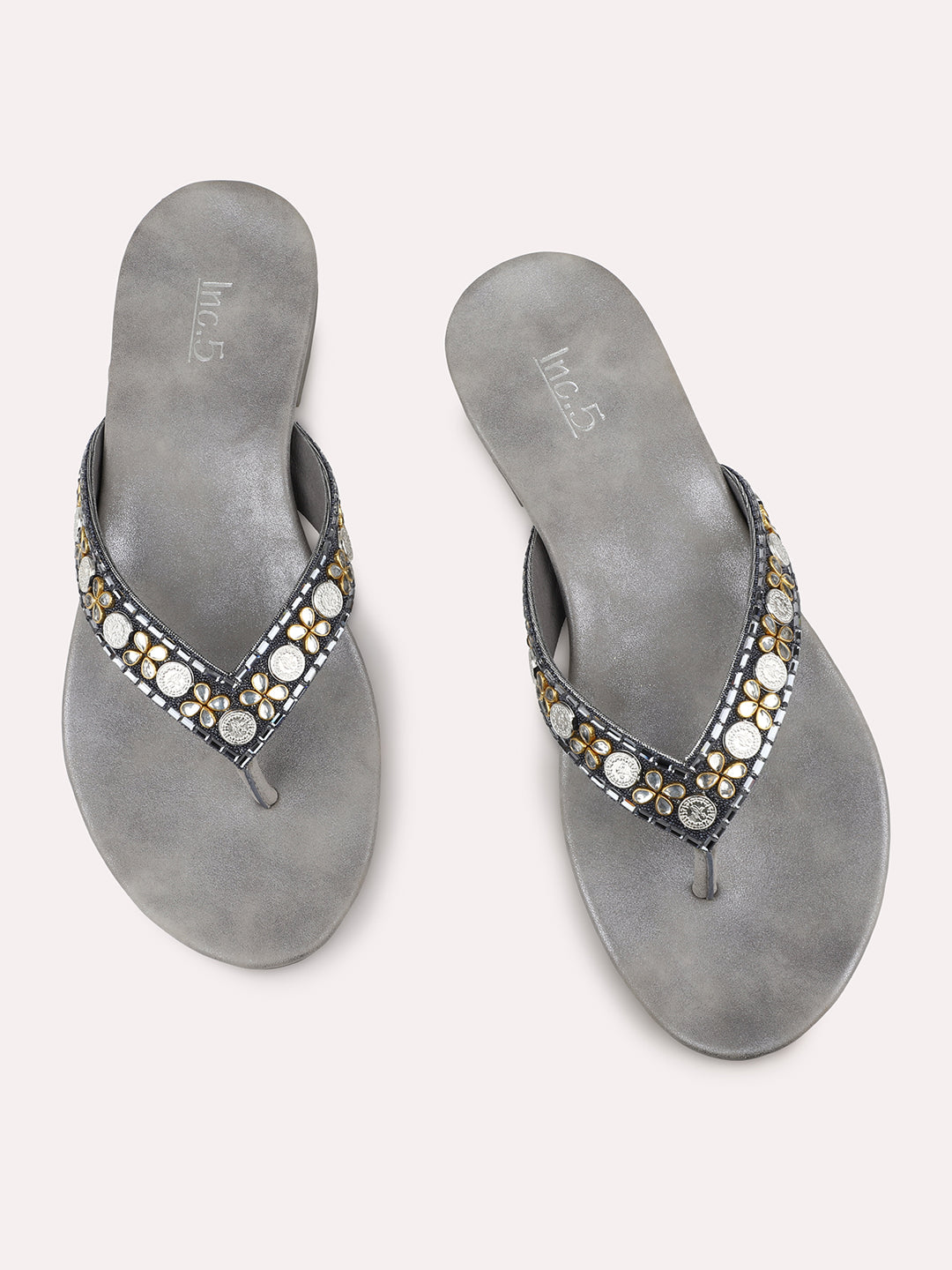 Women Pewter Embellished Open Toe Flats